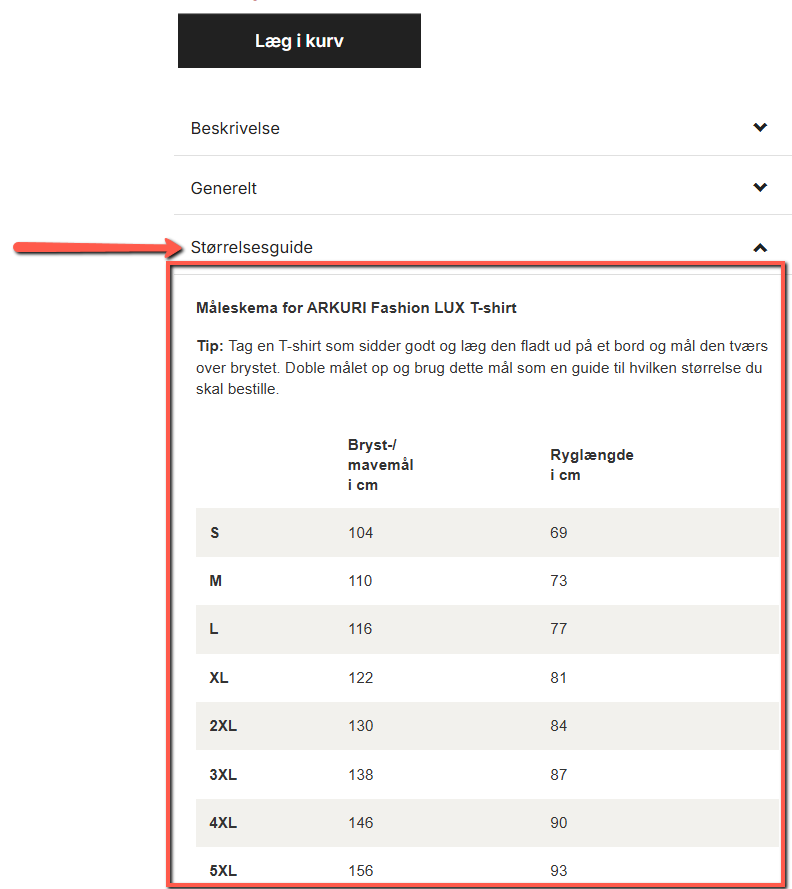 Visar var storleksguiden finns