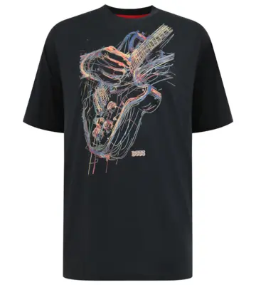 Svart T-shirt med färgglatt grafiskt gitarrtryck