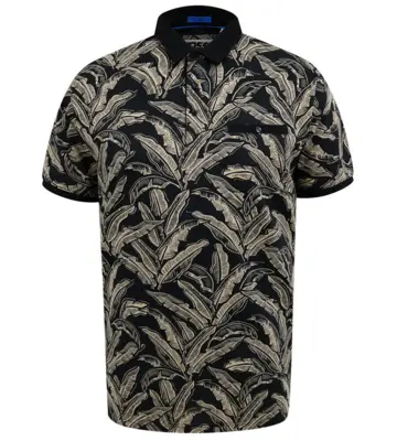 Svart piké med bladmönster och bröstficka